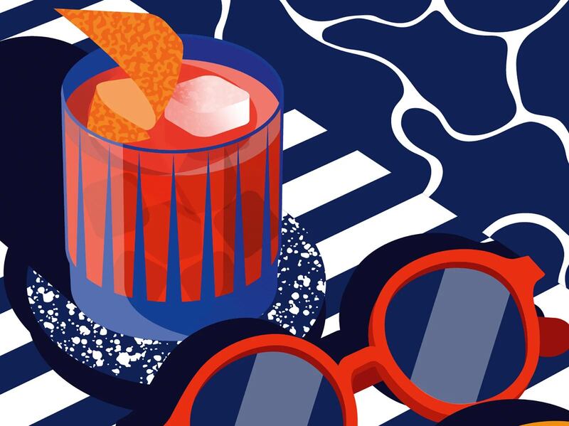 A retro illustration of a negroni cocktail in a tumbler with an orange twist and an ice cube, next to a pair of round, red sunglasses.