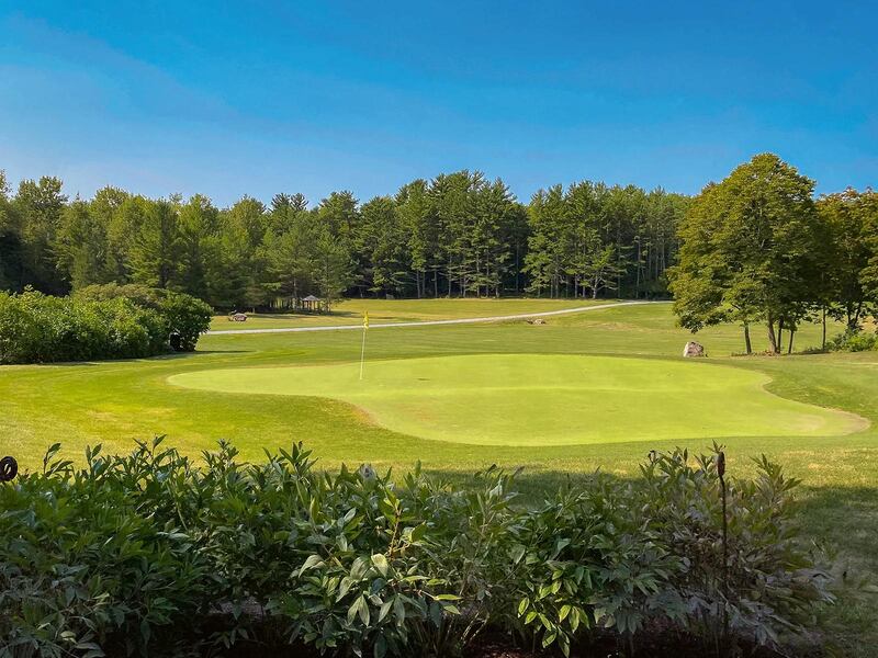 A golf course surrounded by green trees and bushes in the foreground