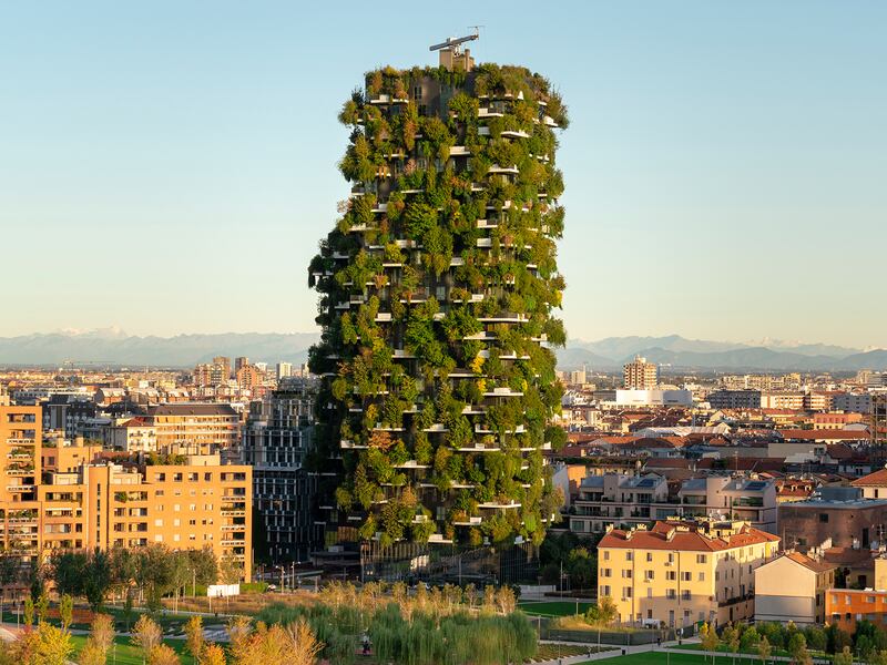 A green tower covered in plants surrounded by ordinary buildings