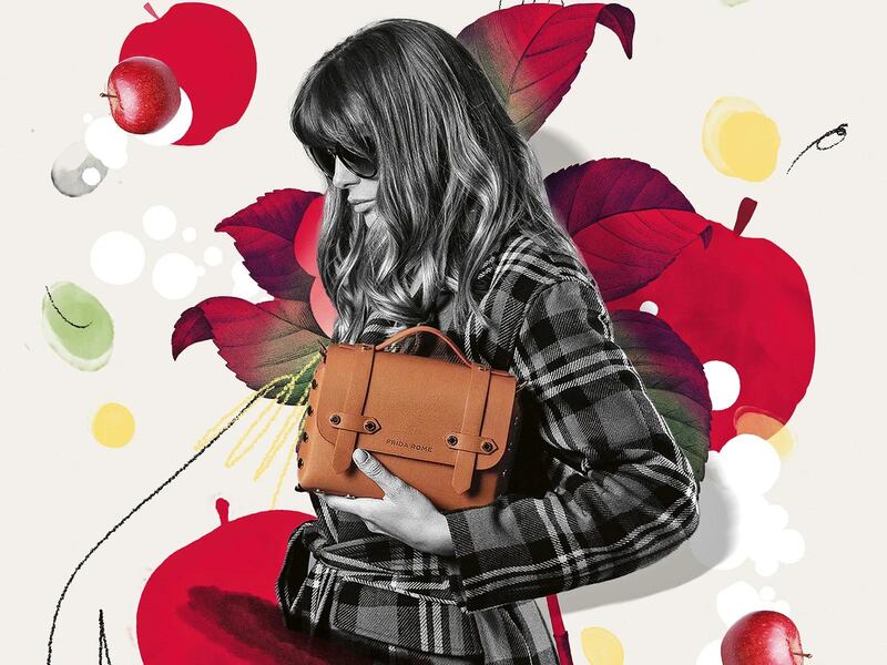 Collage of a woman in a plaid jacket holding a small brown handbag in front of apples