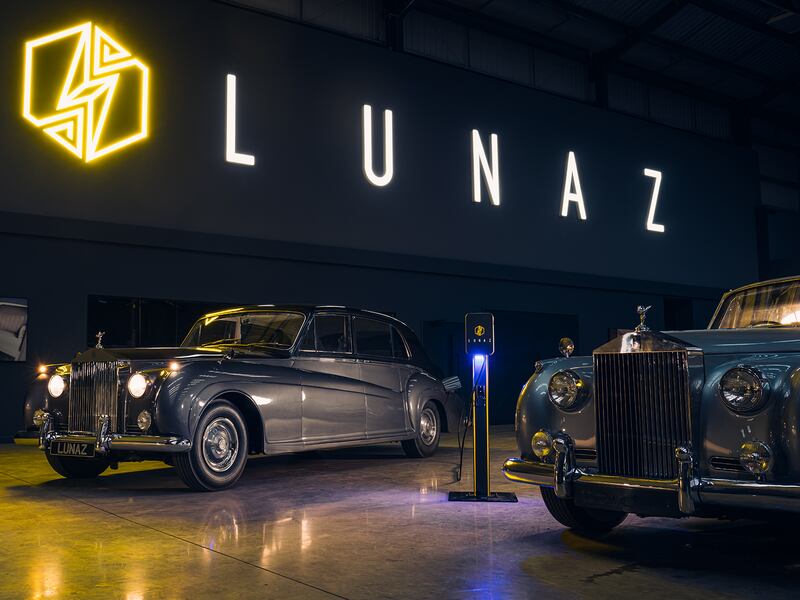 Two Rolls Royce cars in the Lunaz showroom