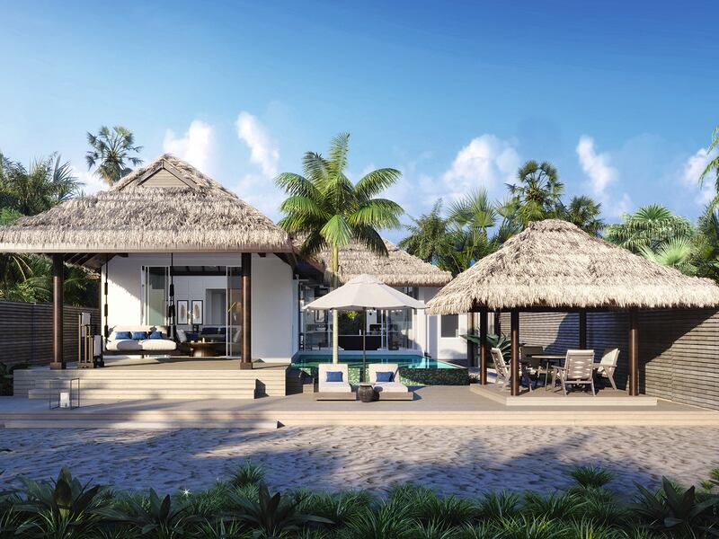 Beach front accommodation set within palm trees, Maldives