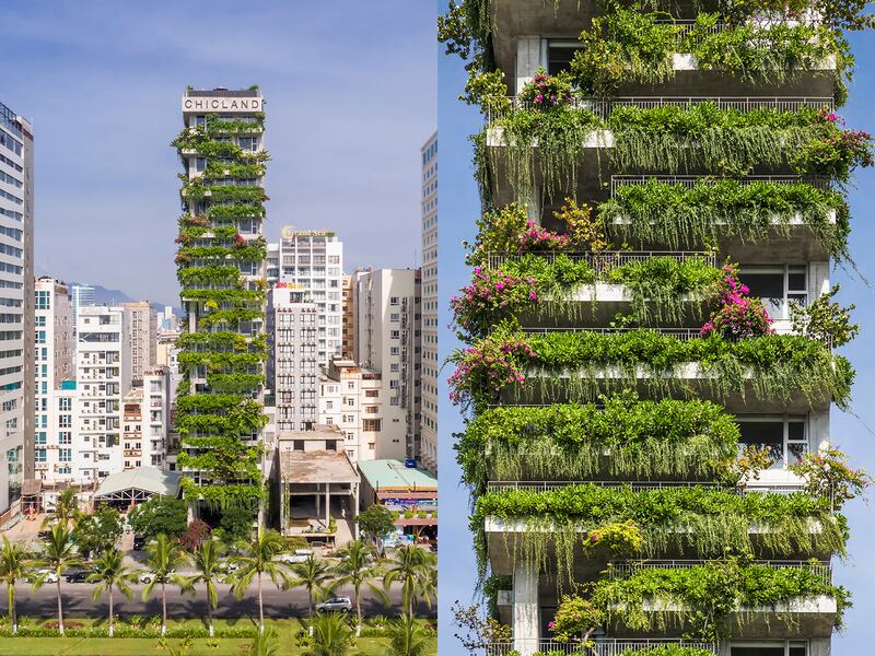 Two images of a green tower surrounded by gray skyscrapers